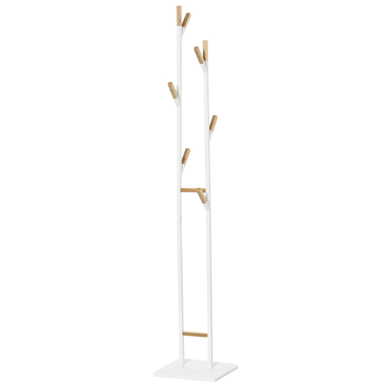 HOMCOM Coat Rack Free-Standing Hall Tree with 8 Bamboo Hooks and Rectangular Base for Clothes Hats Bags Scarves for Living Room Entryway White