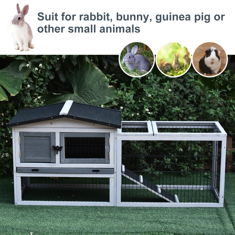 PawHut 2 Level Wooden Rabbit Bunny Guinea Pig Hutch w/ Outdoor Run Water Resistant Roof Pull out Tray Ramp 150 x 52.5 x 68 cm