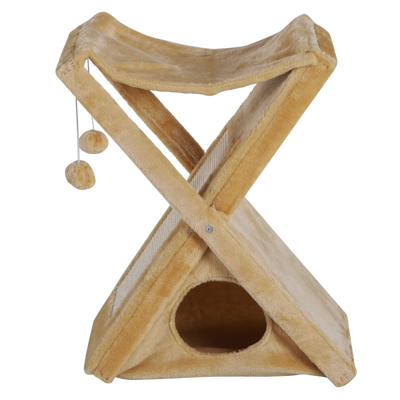 PawHut Two Tier Cat Tree Play Rest Activity Tower Plush Folding Relax Center w/ Scratching Post Hammock Pom Poms Yellow