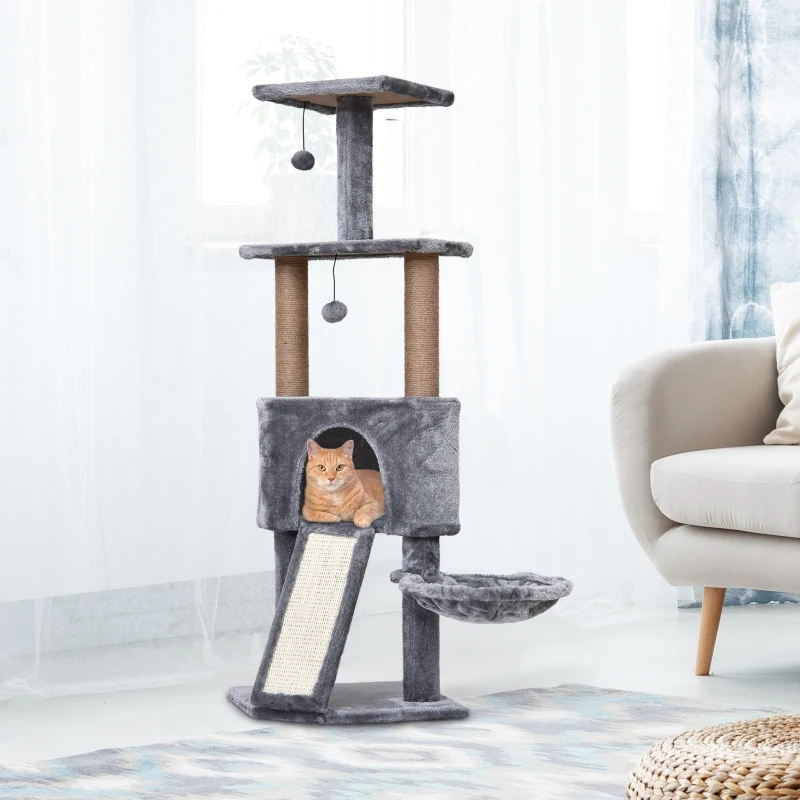 PawHut 120cm Mult-level Cat Tree Scratcher Kittiy Condo Activity Center with Perches, Jumping Platforms,Ladder, Hanging Toy