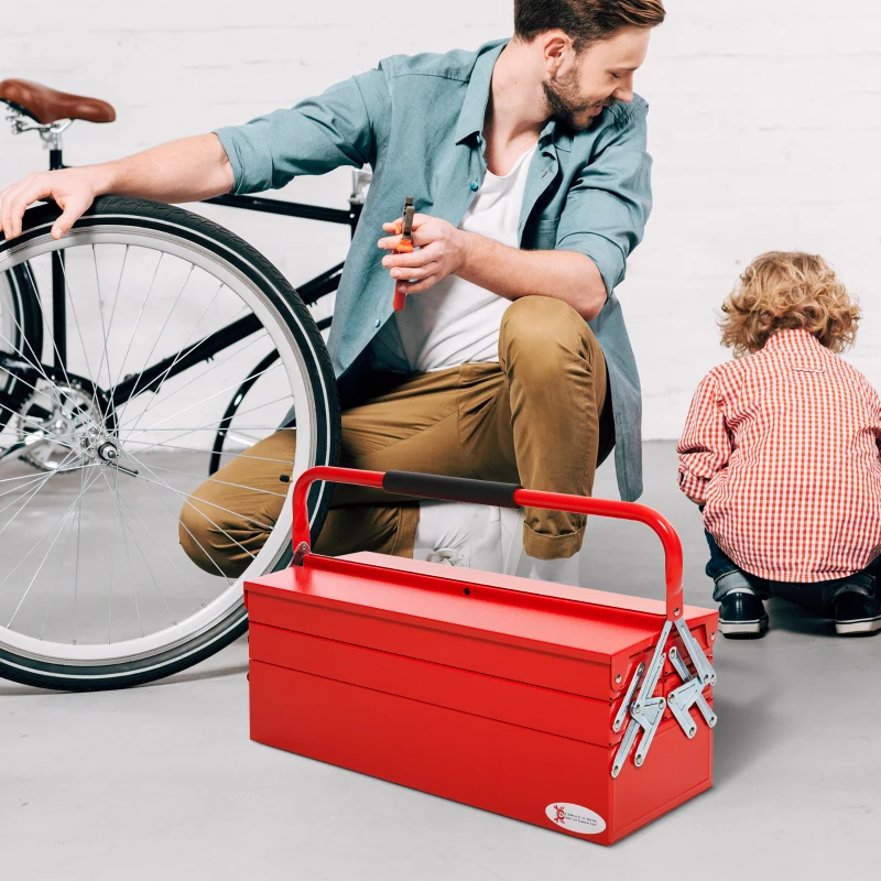 DURHAND Metal Tool Box 3 Tier 5 Tray Professional Portable Storage Cabinet Workshop Cantilever Toolbox with Carry Handle, 56cmx20cmx34cm, Red