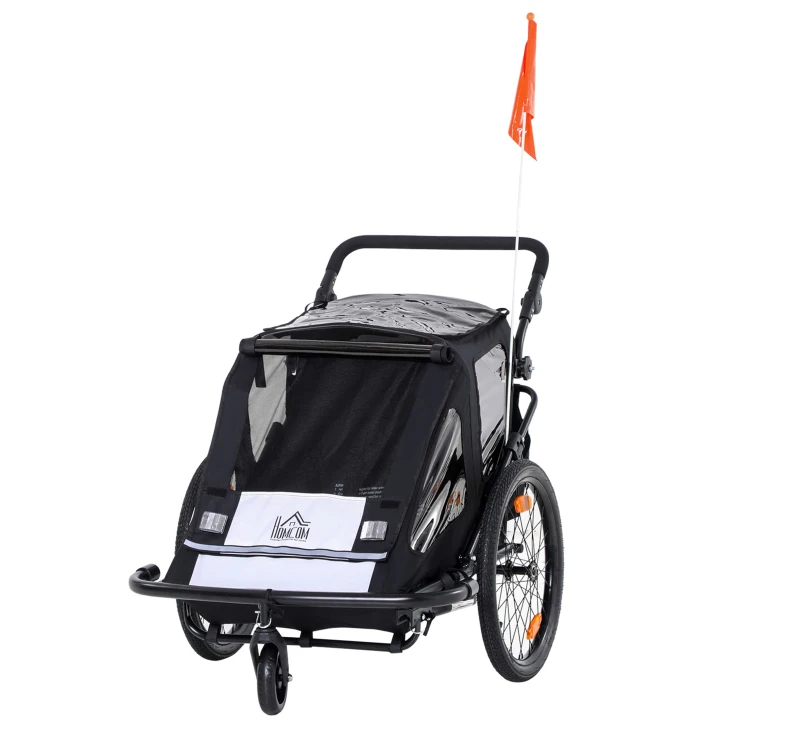 HOMCOM Child Bike Trailer 2 In1 Foldable Baby Stroller 2-Seater Transport Carrier with Adjustable Handlebar Storage Bag Reflector Flag Black