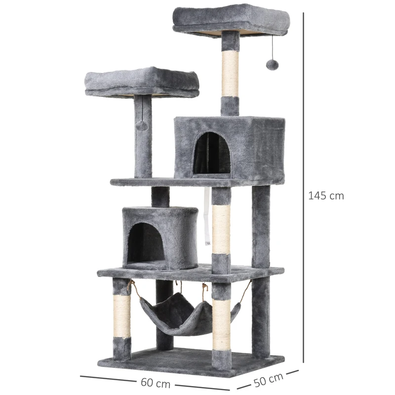 PawHut 145cm Cat Tree Multi-tier Activity Center Scratcher Pet Condo House Tower Hammock & Toys, Grey