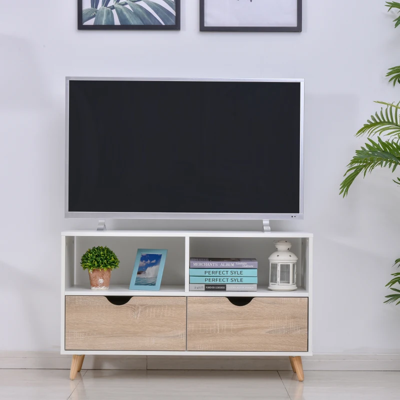 HOMCOM TV Stand with Shelf & Drawers Storage Cabinet Media Entertainment Center Modern White and Natural Wood Color