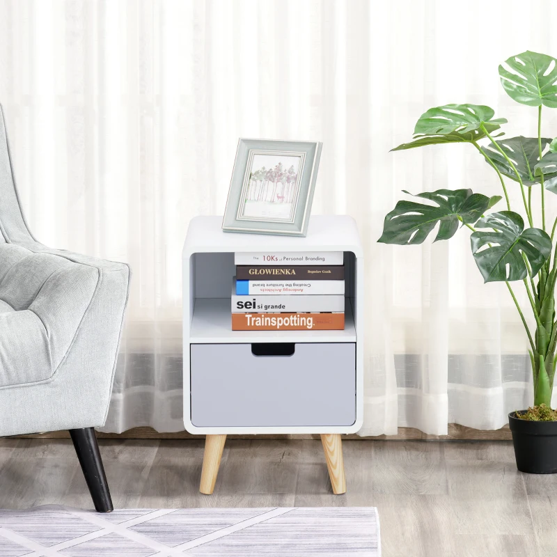 HOMCOM White Modern Nightstand With Drawer Wood Lamp Desk Storage Unit Bedroom Scandinavian Nordic Style