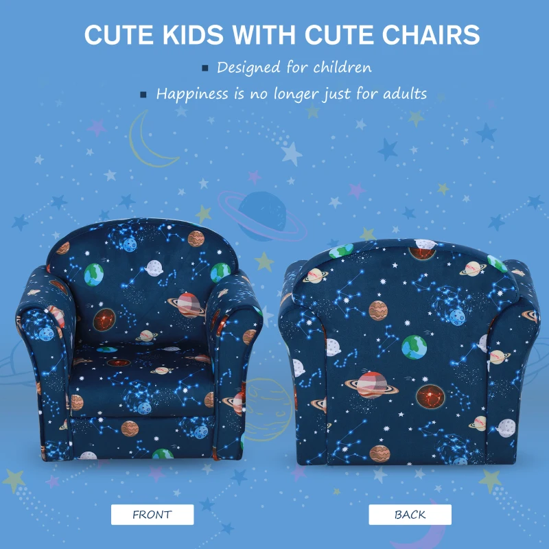 HOMCOM Children Kids Mini Sofa Armchair Polyester Blue Universe Planet Non-Slip Feet Bedroom Playroom Seating Chair