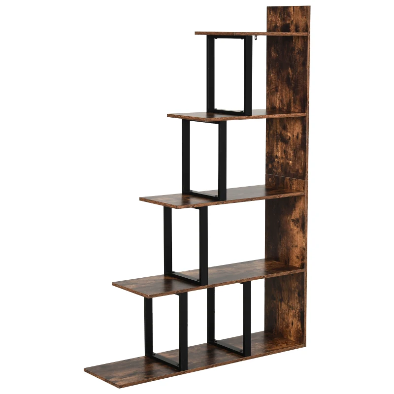 HOMCOM Industrial Style Wooden 5-Tier Ladder Bookcase Indoor Corner Shelf  for Livingroom, Office - Rusty Brown