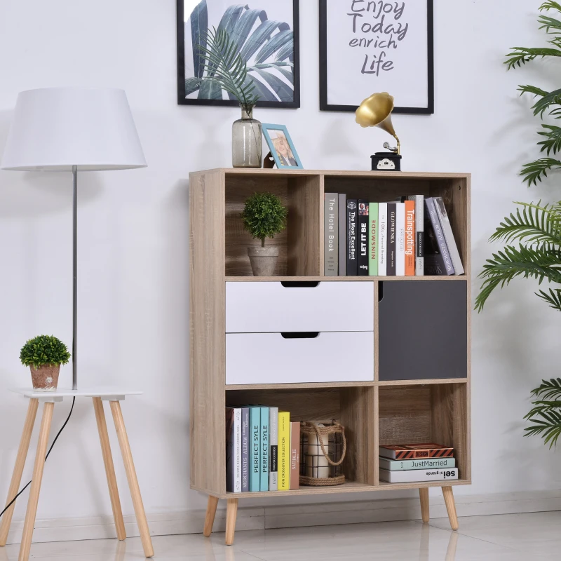 HOMCOM 3-Tier Wooden Storage Cabinet Display Shelf Cupboard with 2 Drawer &  Anti Tilt Brace Wooden Color Grey White