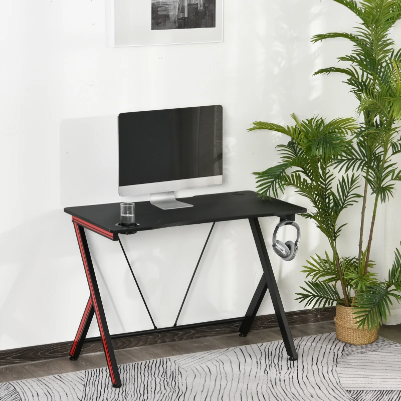 HOMCOM Gaming Computer Desk Workstation Centor Racing Writing Table with Headphone Hook Cup Holder Curved Front Adjustable Feet for Home Office Use