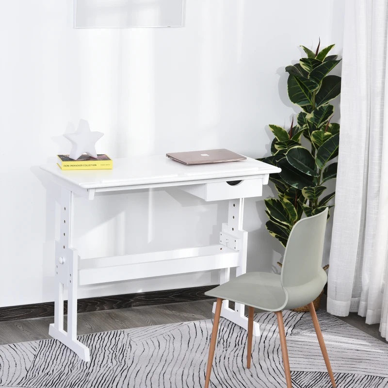 HOMCOM Adjustable Height Study Desk for Students Computer Desk, Home Learning Center Desk with Tilting Desktop and Storage Drawer, White
