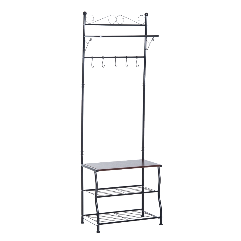 HOMCOM Entryway Multipurpose Metal Cloth Stand 3 Tier Shoe Rack w/ 5 Hooks - Black