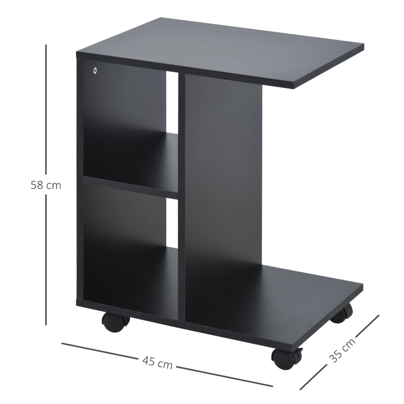 HOMCOM C-Shape End Table Unique Storage Unit w/ 2 Shelves 4 Wheels Freestanding Home Furniture Cabinet Square Black