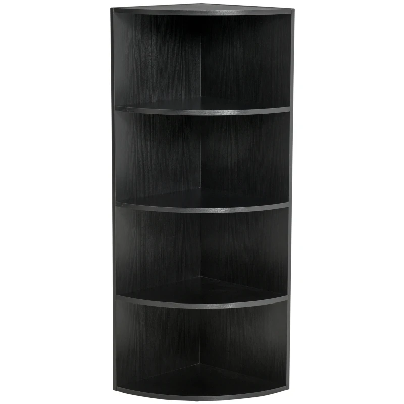 HOMCOM 4 Tier Wood Corner Shelf  Unit Freestanding Fan Bookshelf Plants Stand Black