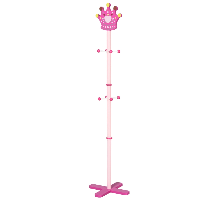 HOMCOM Qaba/HOMCOM Kid’s Coat Rack Free Standing Wooden Tree Hanger with Crown Modeling Design 8 Hooks for Scarves Hats Clothes Bracelets Bags Gift for Toddler Girl Pink