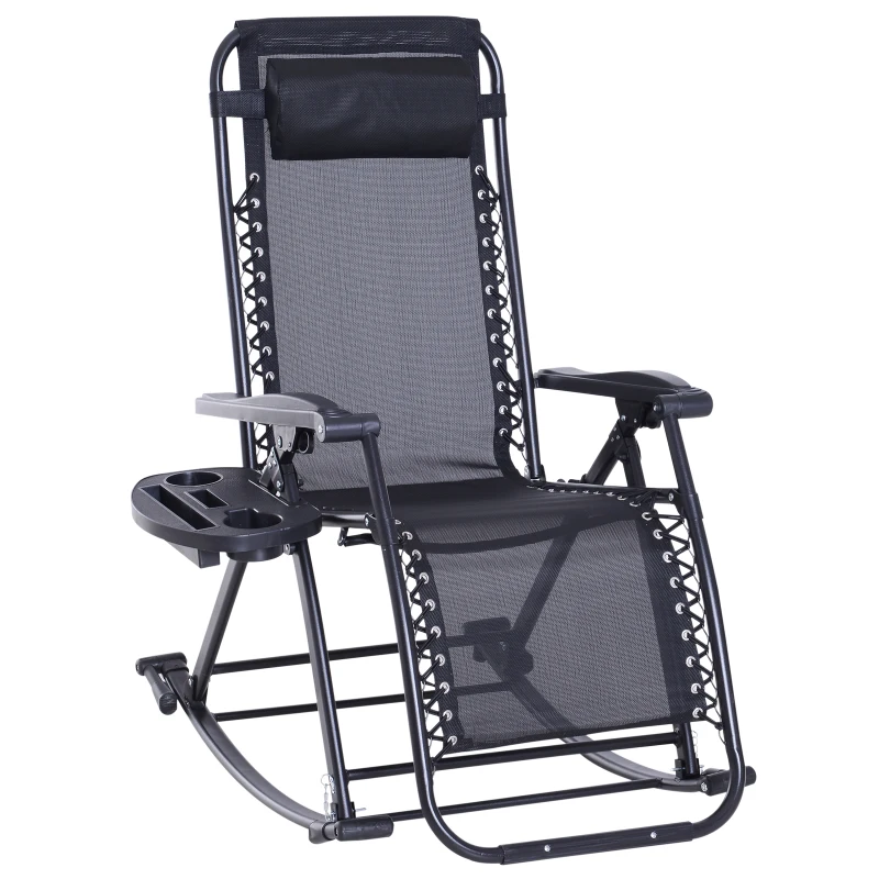 Outsunny Foldable Garden Rocking Chair, Outdoor Recliner Sun Lounger with Breathable Mesh Fabric, Zero-Gravity Seat with Headrest and Cup Holder Tray, Black