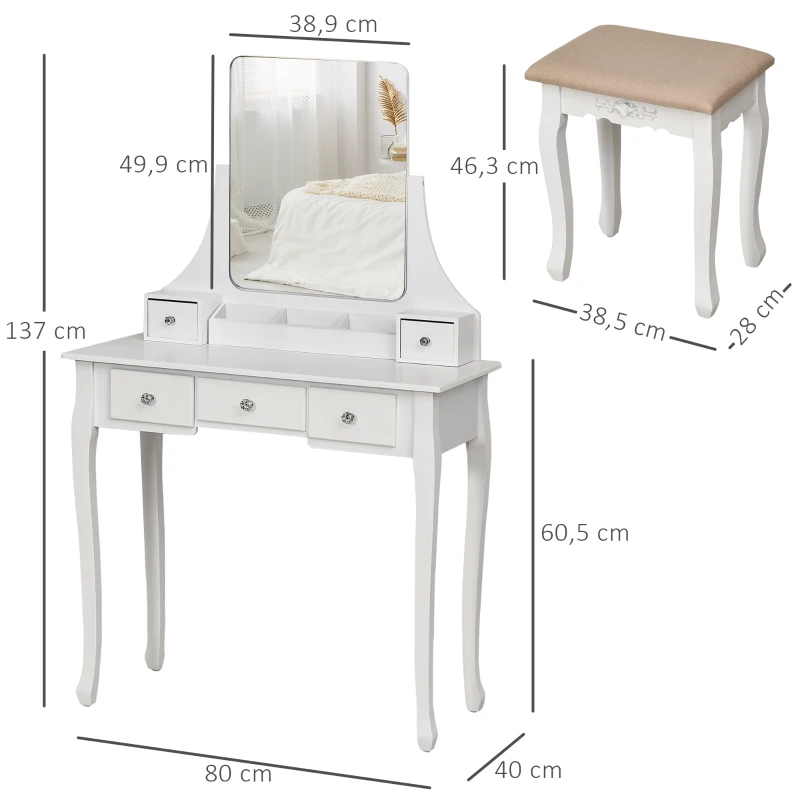 HOMCOM Dressing Table Set with 360° Spin Mirror and Cushioned Stool, Makeup Vanity Dresser Desk with 5 Drawers for Bedroom, White