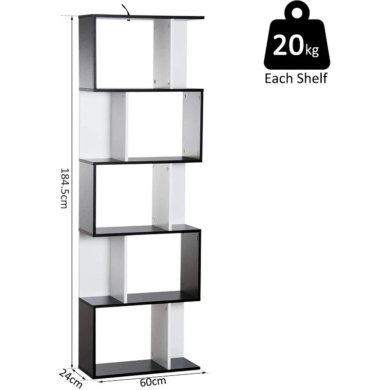 HOMCOM 5-tier Bookcase Storage Display Shelving S Shape design Unit Divider Black
