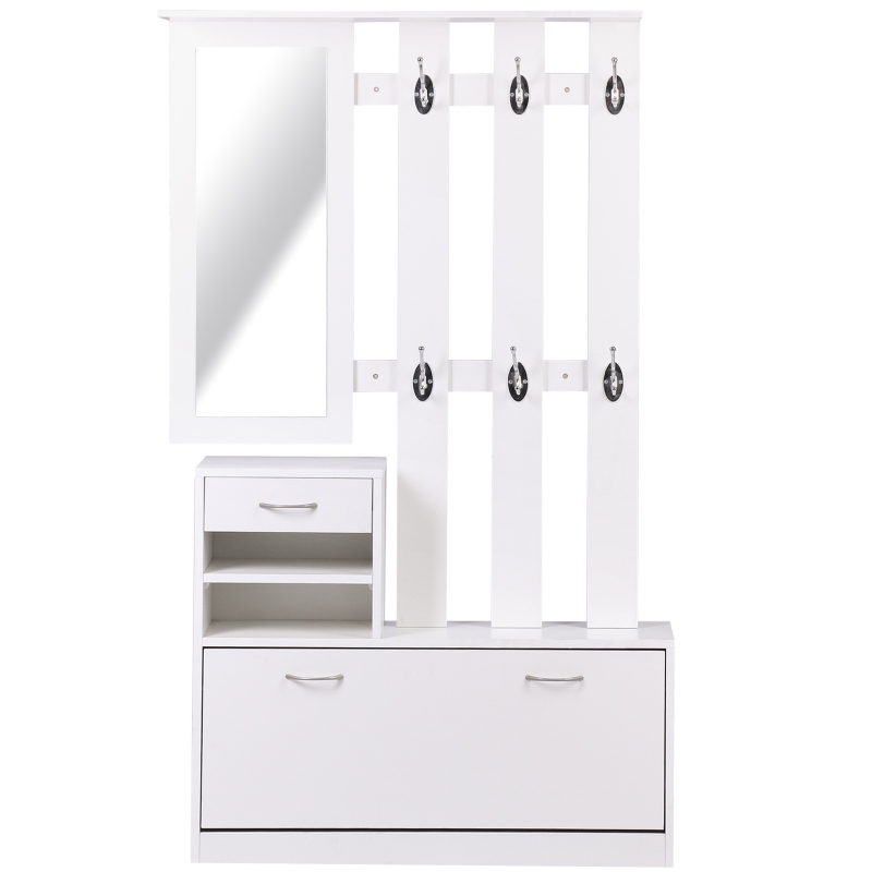 HOMCOM 2PC Shoes Storage Chest Cloths Rack Unit w/Mirror Multiple Shelves Large Storage Capacity Shoes Cabinet 6 Hooks Cloth Rack White