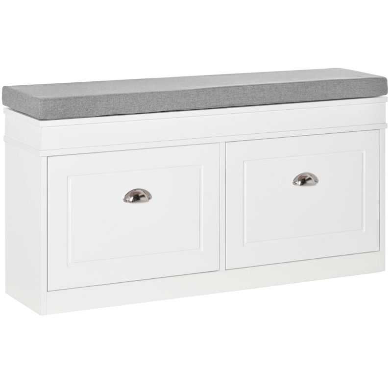 HOMCOM Shoe Rack Bench for Entryway Storage Organizer with Cushion 2 Drawers Adjustable Shelf Hold Up to 264lbs Modern Cabinet for Hallway Bedroom Living Room White