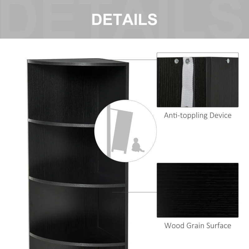 HOMCOM 4 Tier Wood Corner Shelf  Unit Freestanding Fan Bookshelf Plants Stand Black