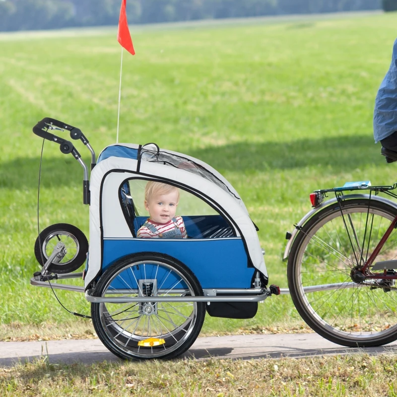 HOMCOM Bike Trailer 2-Seater Child Stroller for Bicycle Baby Jogger with Removable Canopy Storage Pocket Outdoor Steel Frame Blue