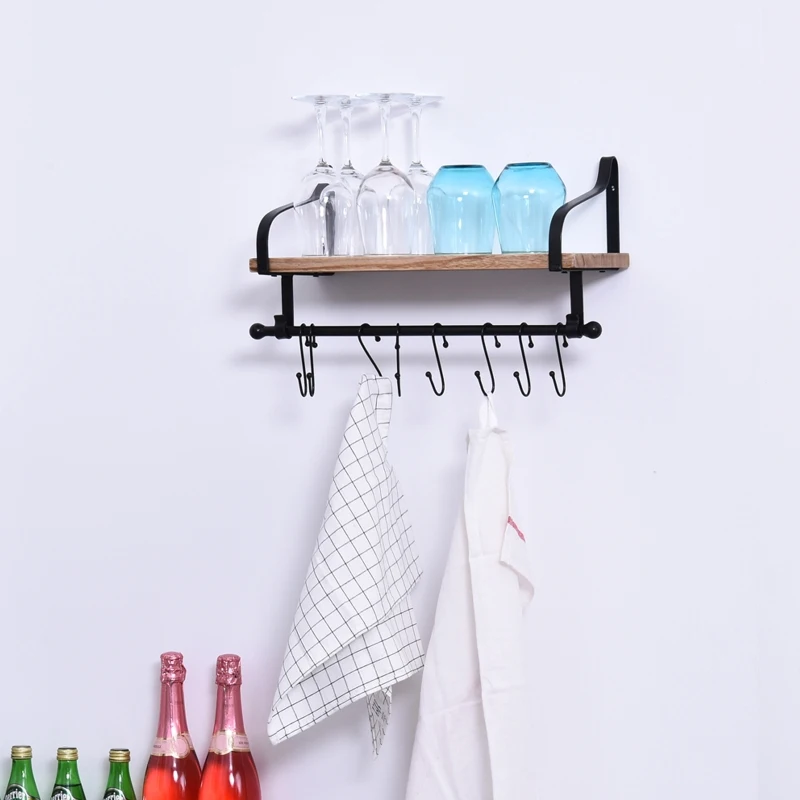 HOMCOM 21x48cm On-Wall Shelf & Rail 8 Hook Unit Metal Frame Wood Board Storage Display Organisation Home Bedroom Hallway Furniture Water-Resistant Natural Finish