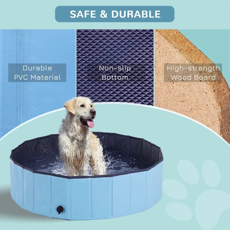 PawHut Foldable Dog Paddling Pool Pet Cat Swimming Pool Indoor/Outdoor Collapsible Summer Bathing Tub Shower Tub Puppy Washer (Φ120 × 30H cm, Blue)