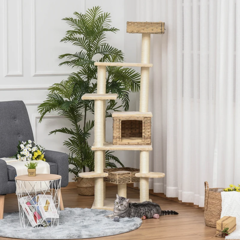 PawHut Cat tree Tower 174cm Climbing Activity Center Kitten with Sisal Scratching Post Condo Perch Hanging Balls Toy Cushion PE Rattan