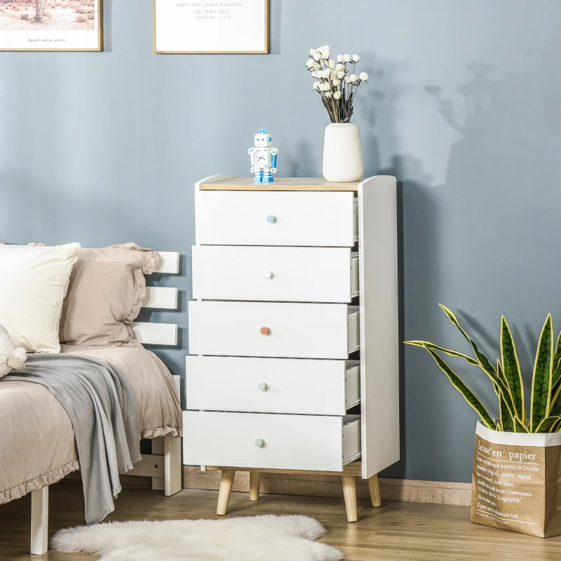 HOMCOM Kids Chest of Drawers Wardrobe Storage Tower Organizer Closet with 5 Drawers Solid Wood Handles Anti-toppling Device for Bedroom 55 x 36 x 108cm White