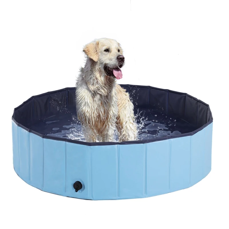 PawHut Foldable Dog Paddling Pool Pet Cat Swimming Pool Indoor/Outdoor Collapsible Summer Bathing Tub Shower Tub Puppy Washer (Φ120 × 30H cm, Blue)