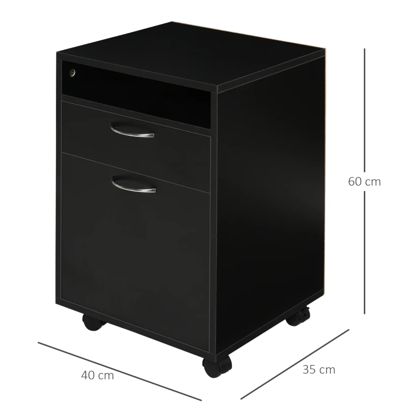 HOMCOM 60cm Filing Cabinet with Drawer, Open Shelf, Metal Handles and 4 Wheels, Office Home Organiser Mobile Printer, Black