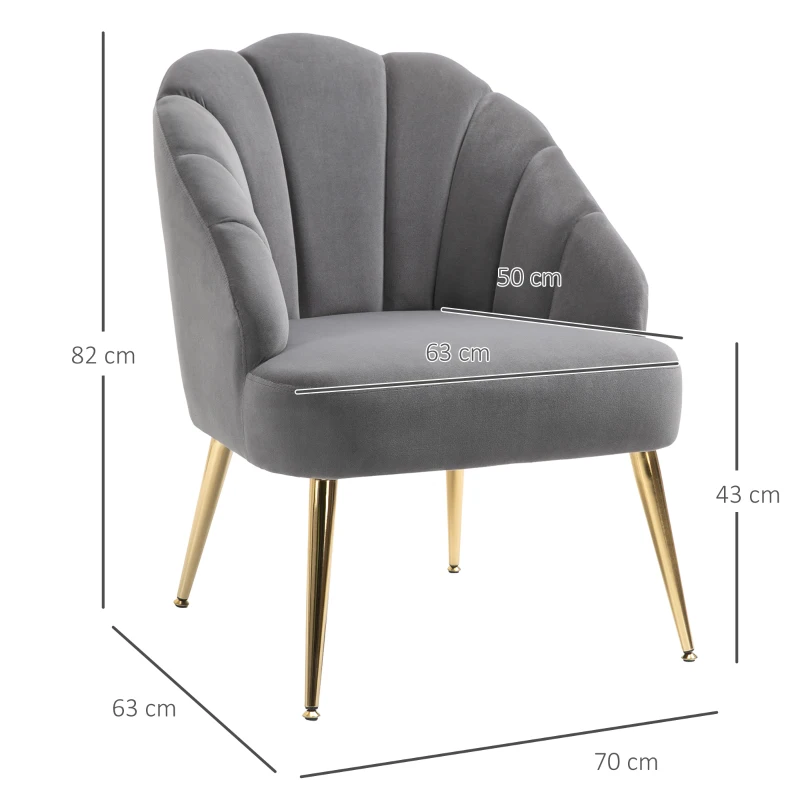 HOMCOM Modern Petal Back Accent Chair, Single Leisure Armchair with Thick Sponge Padding Metal Legs for Living Room, Bedroom, Office, Dark Grey and Gold