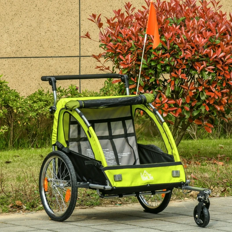 HOMCOM Child Bike Trailer 2 In1 Foldable Baby Stroller 2-Seater Transport Carrier with Adjustable Handlebar Storage Bag Reflector Flag 160L x 84W x 106H cm Green