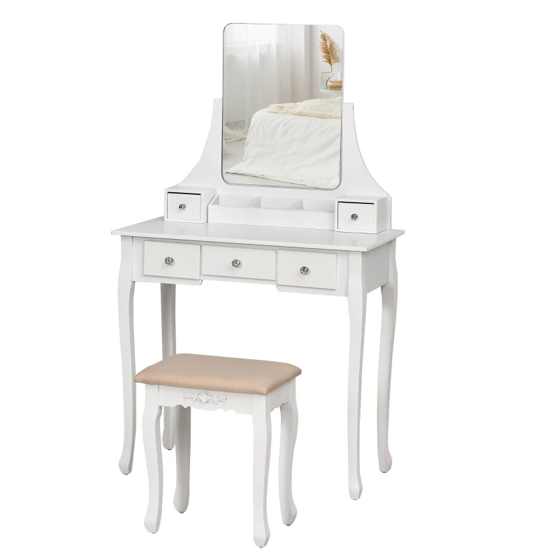 HOMCOM Dressing Table Set with 360° Spin Mirror and Cushioned Stool, Makeup Vanity Dresser Desk with 5 Drawers for Bedroom, White