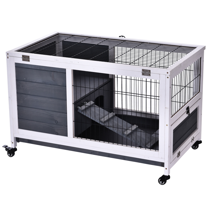PawHut Portable Indoor Wooden Rabbit Hutch Guinea Pigs House Bunny Small Animal Cage Openable Roof Enclosed Run 90 x 53 x 59 cm