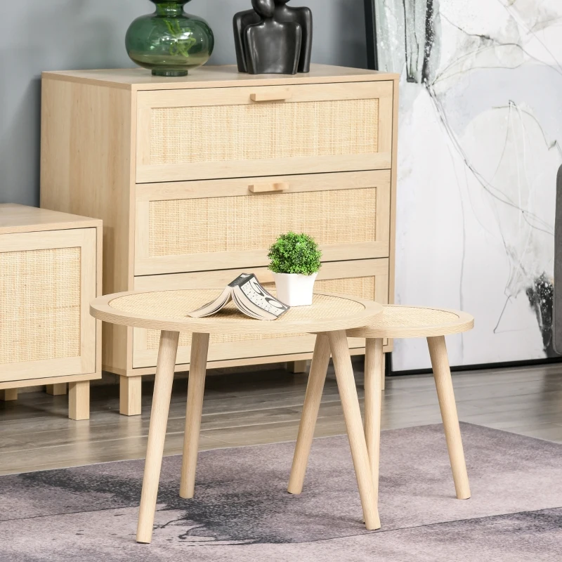 HOMCOM Set of 2 Nesting Coffee Tables with Rattan Tabletop Round Side Tables Living Room Bedroom