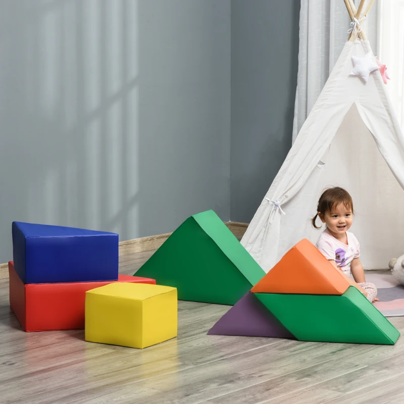 HOMCOM 7 Piece Kids Soft Foam Puzzle Play Set Interlocking Toddler Learning Blocks Comfortable Safe Floor Indoor Outdoor Active Play Structure