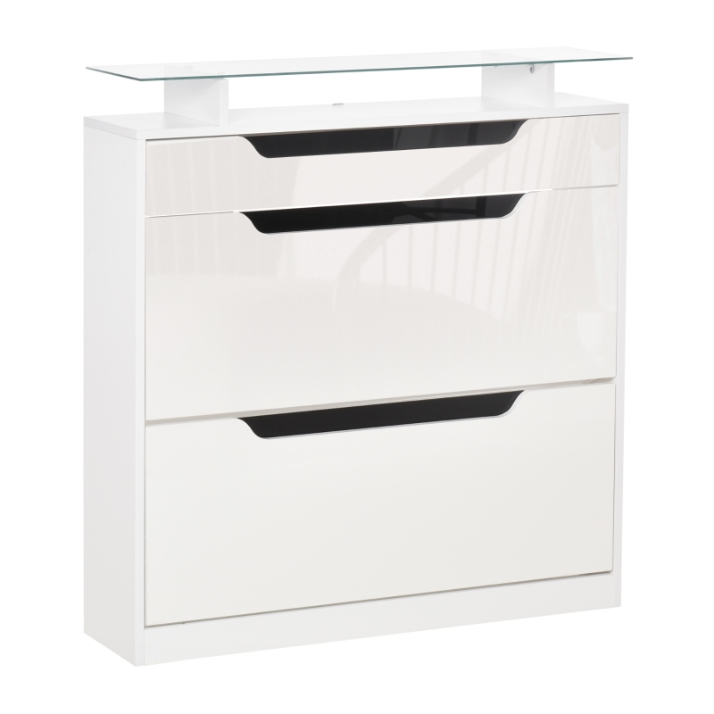 HOMCOM Shoe Cabinet with 3 Drawers Storage Cupboard Tipping Bucket with Flip Door Glass Top Adjustable Shelf Large-Capacity for 14 Pairs Gloss White