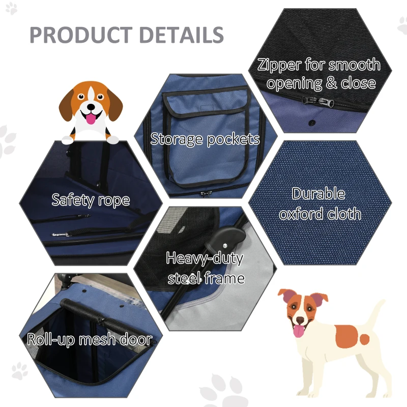 PawHut Dog Stroller Foldable Pet Trolley Pushchair Carrier Adjustable Handlebar for Medium Large Dogs Blue