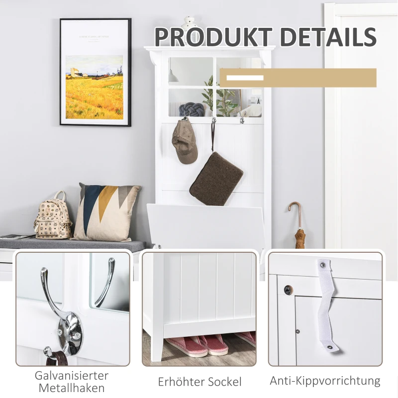 HOMCOM Coat Rack Shoe Bench with Storage 4 In 1 Hall Tree for Entryway Hallway Organizer with Cabinet 3 Hooks Mirrors White