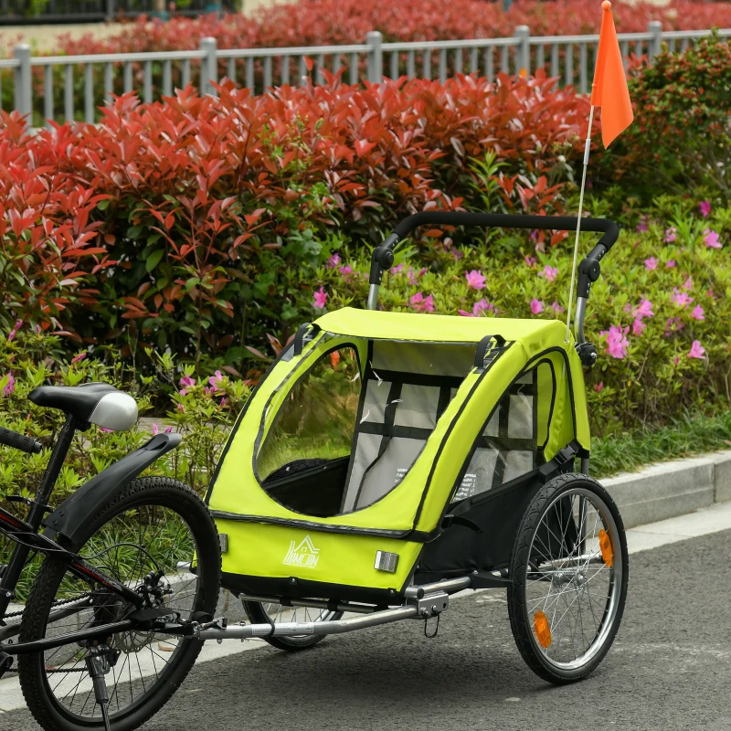 HOMCOM Child Bike Trailer 2 In1 Foldable Baby Stroller 2-Seater Transport Carrier with Adjustable Handlebar Storage Bag Reflector Flag 160L x 84W x 106H cm Green
