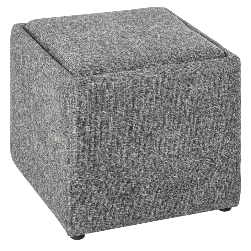 HOMCOM Modern Fabric Storage Ottoman Footrest with Removable Lid, Wood Top Side Desk, Rasied Feet for Living Room, Entryway, Dark Grey