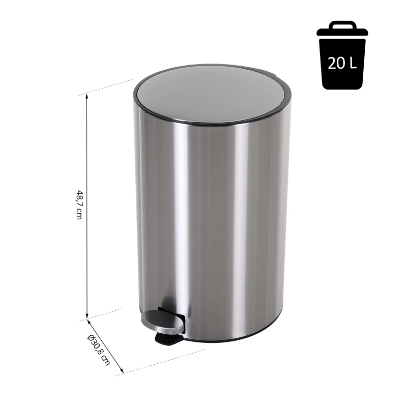 HOMCOM 20L T430 D30.8 x 48.7 H cm Step-on Trash Can Stainless Steel Round Garbage Bin Silent Gentle Open and Close Dustbin with Pedal