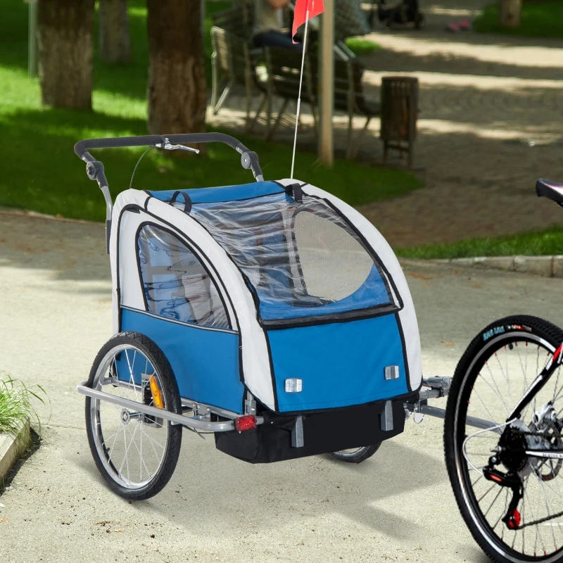 HOMCOM Bike Trailer 2-Seater Child Stroller for Bicycle Baby Jogger with Removable Canopy Storage Pocket Outdoor Steel Frame Blue