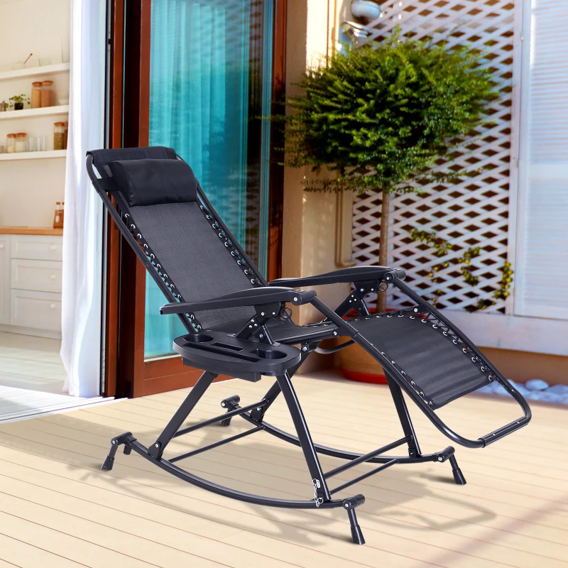 Outsunny Foldable Garden Rocking Chair, Outdoor Recliner Sun Lounger with Breathable Mesh Fabric, Zero-Gravity Seat with Headrest and Cup Holder Tray, Black