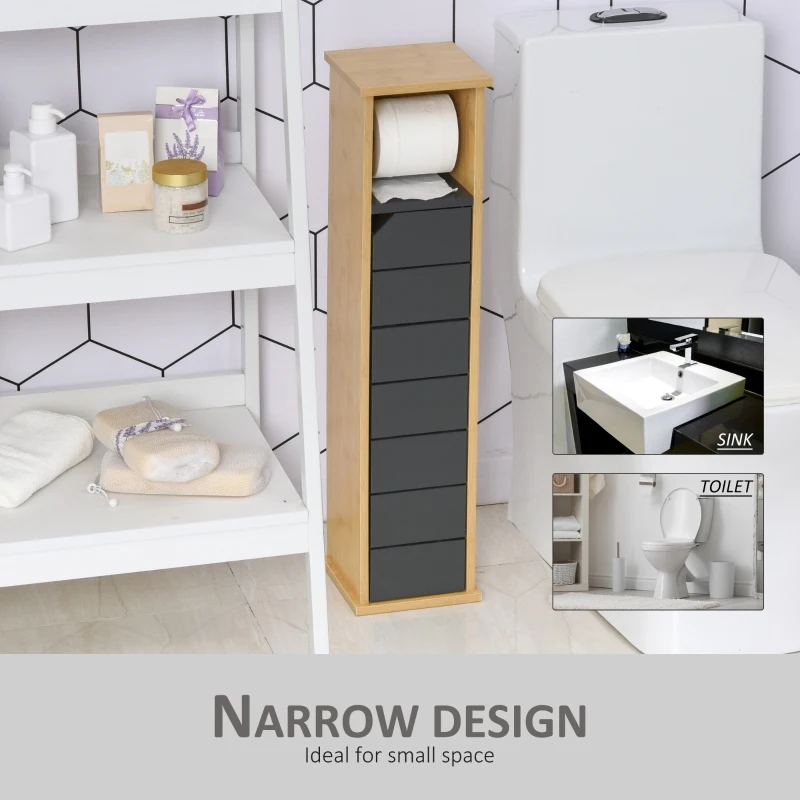 HOMCOM Contrasting Colourway Toilet Roll Storage Cabinet w/ Cupboard Adjustable Open Top Slatted Door Open Top Freestanding Home Furniture Grey