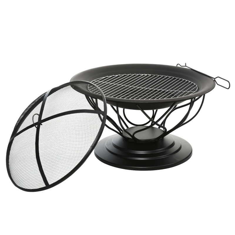 Outsunny 2-in-1 Outdoor Patio Fire Pit with Grill Grate Steel  BBQ Firepit Bowl with Spark Screen Cover, Fire Poker for Backyard Bonfire Patio