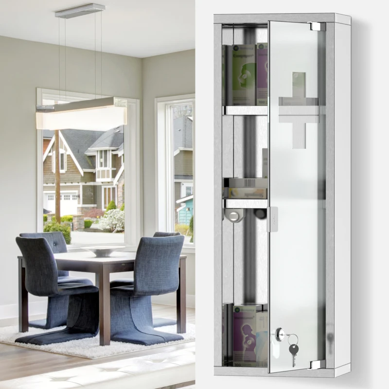 kleankin 60x20cm/22''x8'' Stainless Steel Medicine Cabinet 3 Tier Frosted Door Lockable w/ 2 Keys First Aid Unit Home Safety Box Wall Mountable Bathroom Kitchen