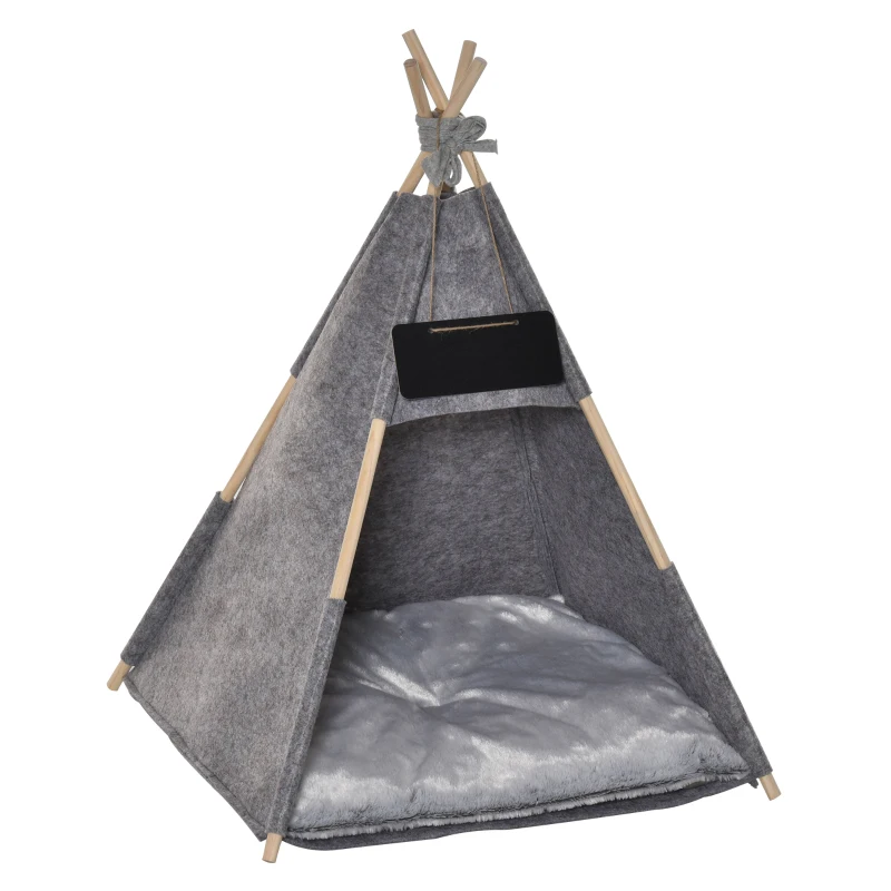 PawHut Pet Teepee Tent Cat Bed Dog House with Thick Cushion Chalkboard for Kitten and Puppy 80cm Grey