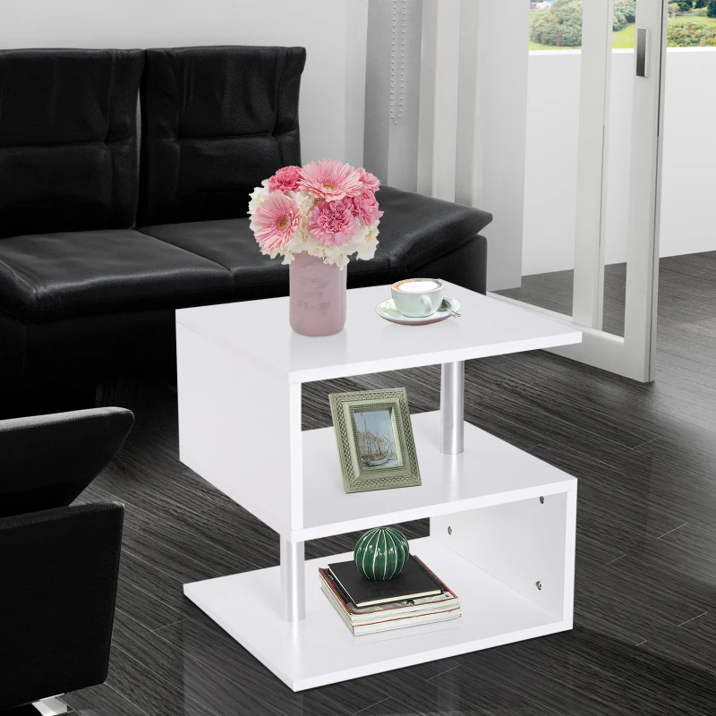 HOMCOM Modern Square 2 Tier S Shape Wood Coffee Table Storage Shelf Living Room Side Rack-White